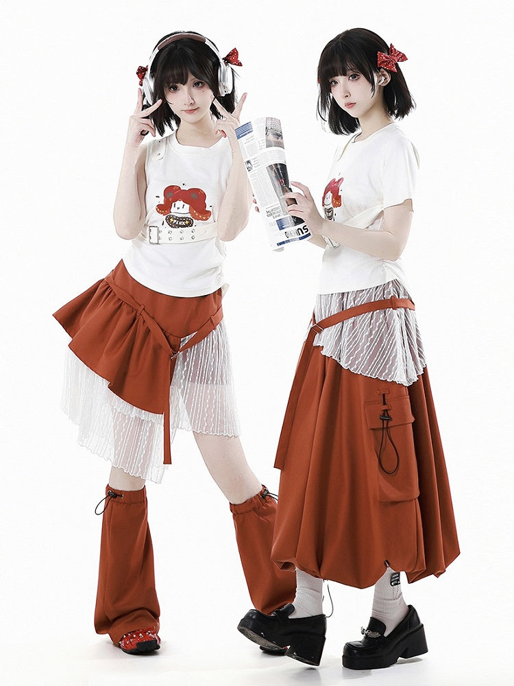 取り外し可能なバックルストラップ付きホワイトカートゥーンプリントTシャツ