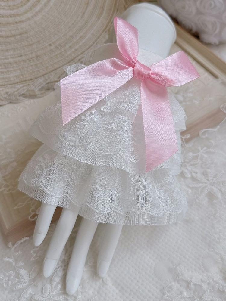 Pink/White/Black Bow Wrist Three-layered Cuffs Lace