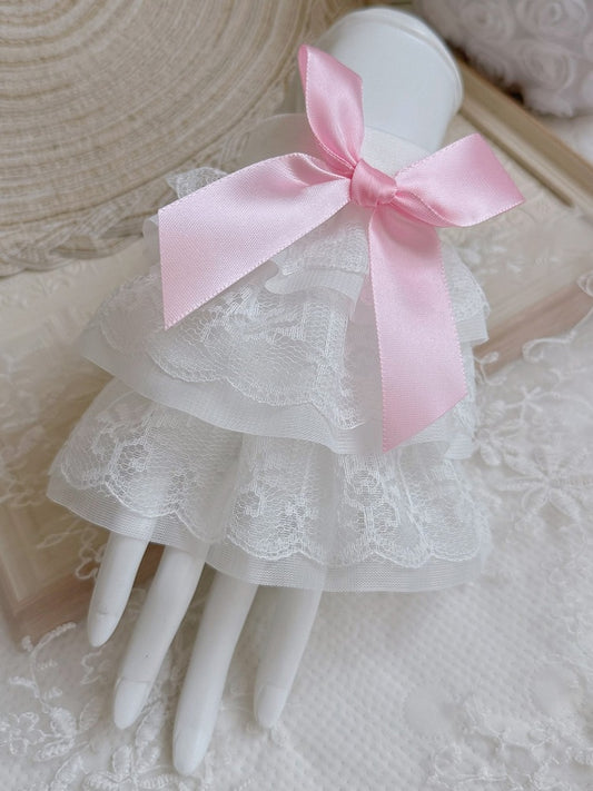 Pink/White/Black Bow Wrist Three-layered Cuffs Lace