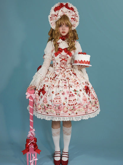 Sweet Bow JSK Full Lolita Accents Print / Weiße Desserts und Set Erdbeere