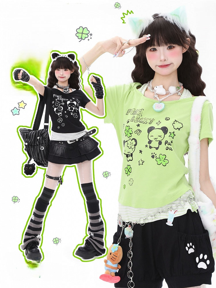 ShoulderAdorable Faux Cutout with Panda Print Black/Green Two-Piece T-shirt