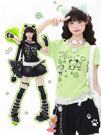 ShoulderAdorable Faux Cutout with Panda Print Black/Green Two-Piece T-shirt