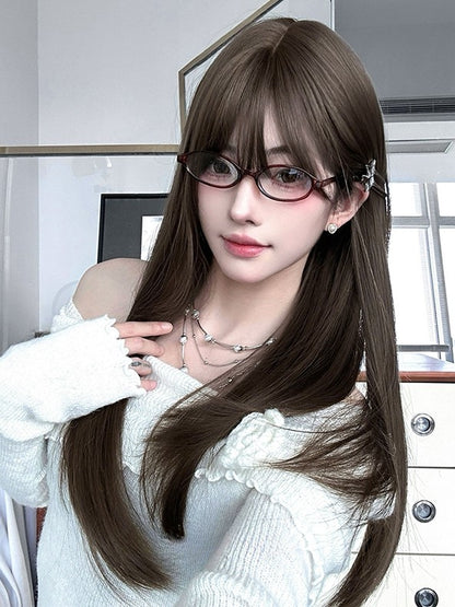 Perücke Pony mit Länge Braun Glatt Air 60CM