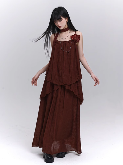 スカーフ装飾ワインレッドフローラル/キャミソールトップ