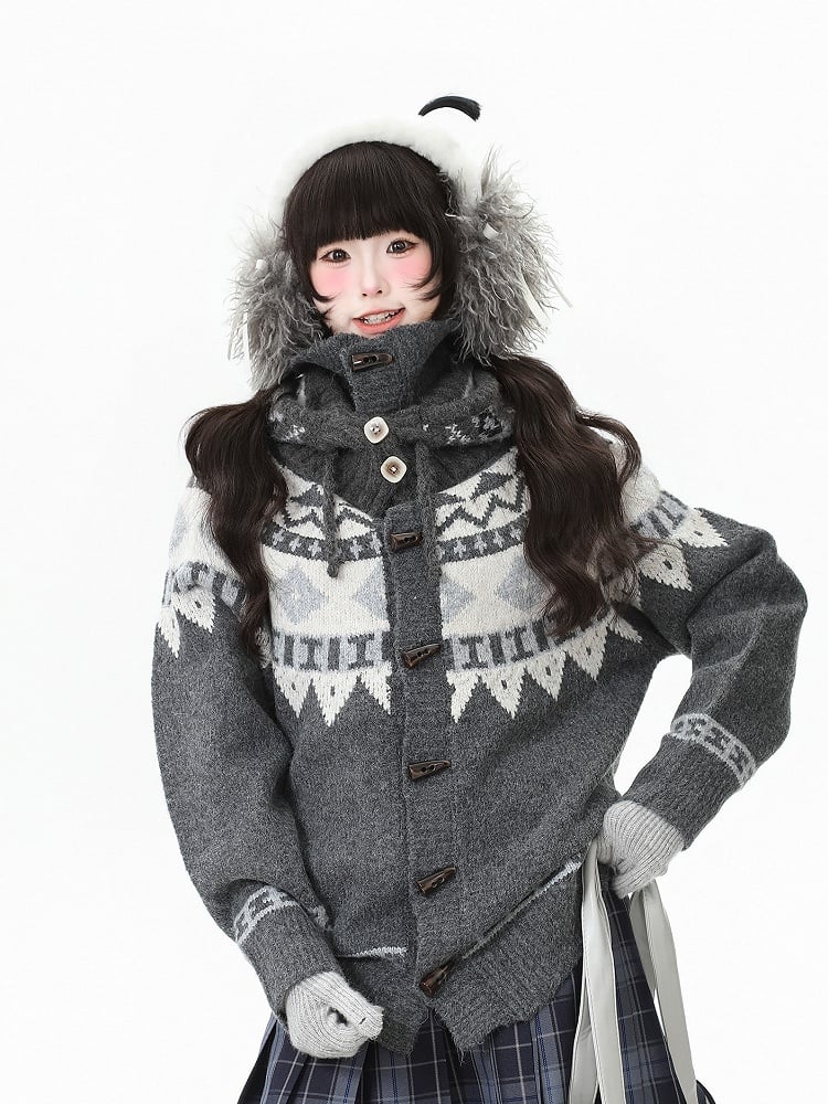 Daily Navy Jacquard with Blue/Grey Cardigan Pattern Closure Toggle Kawaii Button