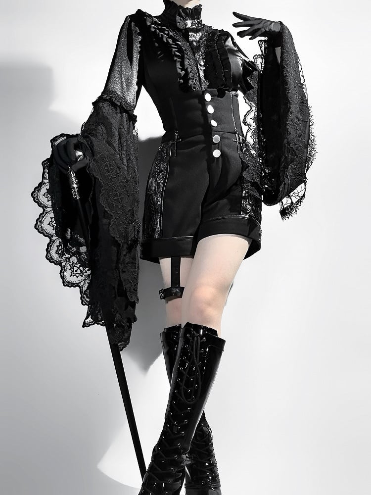 Hals Aristocrat Patched Fashion Spitzenärmel Schwarzes Hemd Ouji Bell Lolita Rüschen
