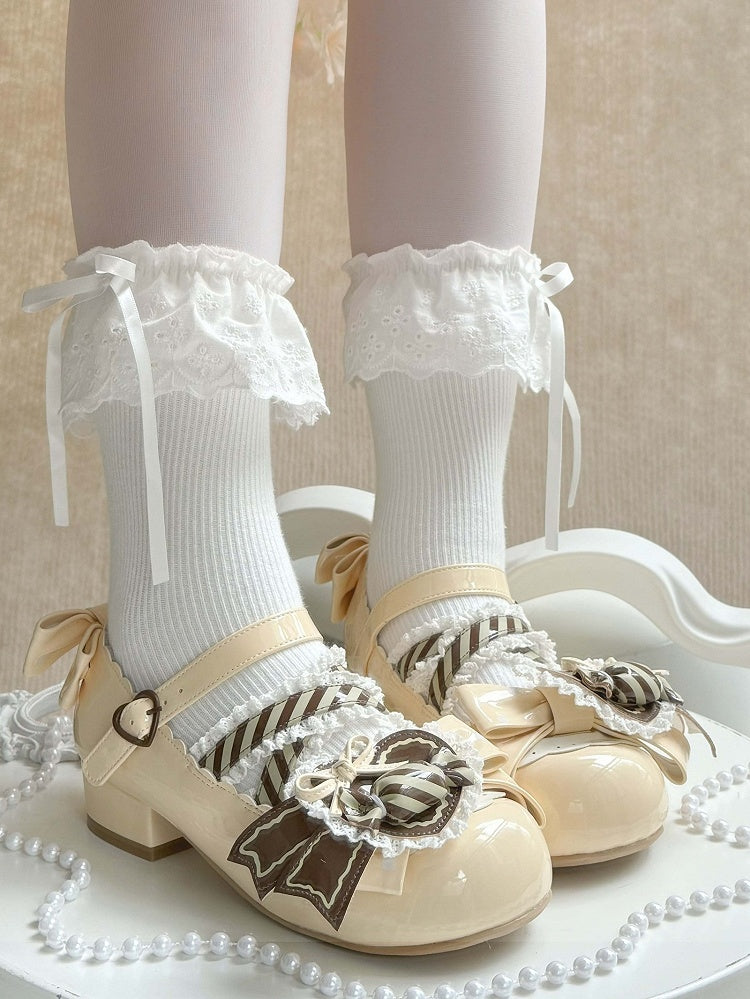 Lolita PU Mary Clip Heart Brown Leather Yellow Low-heel Janes - Candy in Sweet