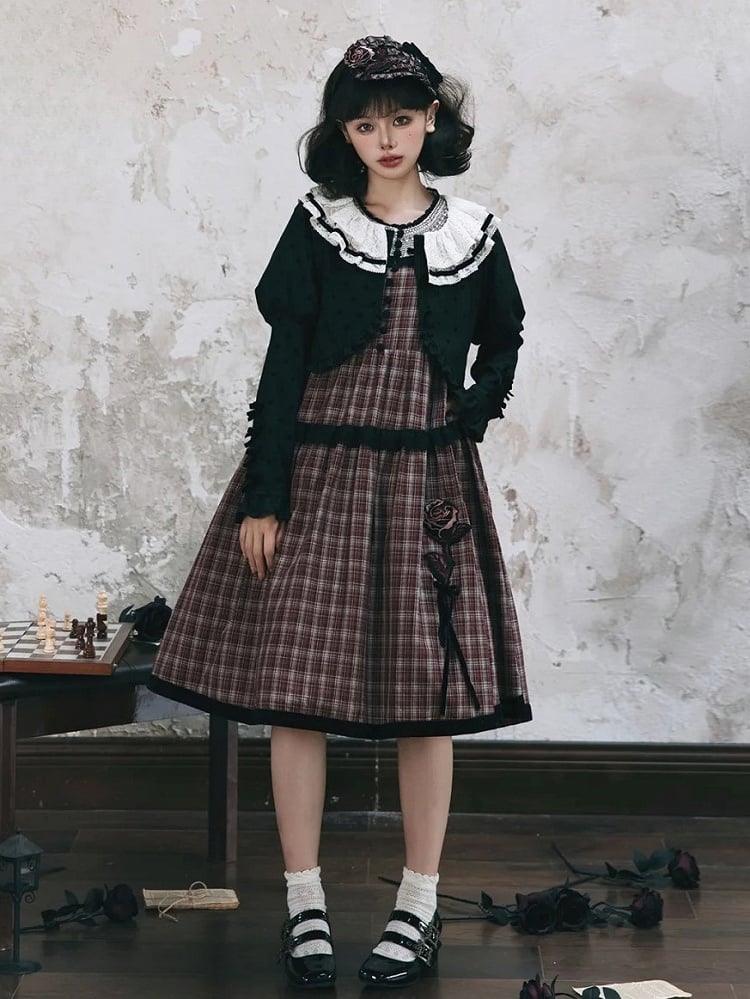 and Coat Ruffled Lolita Polka-dot Black Detail Lace Neckline Bow with White