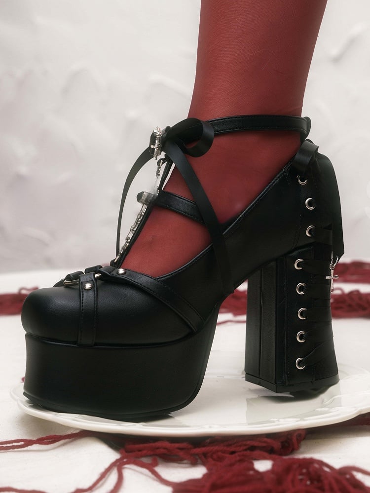 Lace-Up - Platform Heart Detachable Back with Rhinestone Black at Gothic Janes Charm Cross Bow Mary