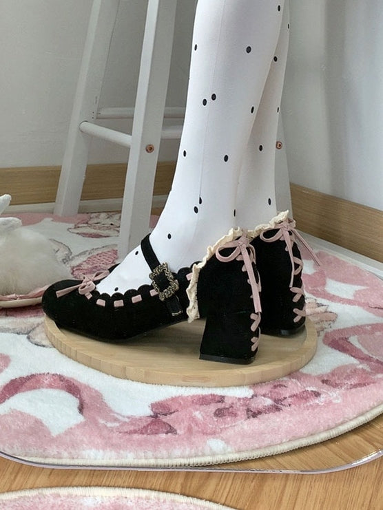 Shoes Toe Heel Back - with Square for Romantic Embellishment Black Mid Lace Pink Delicate Lolita Bow