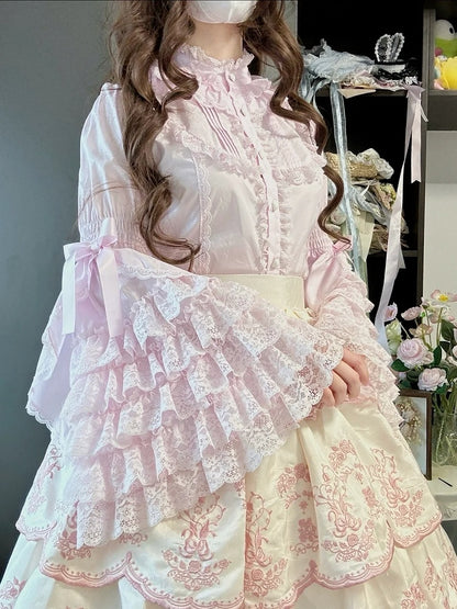 Lace Blouse Lolita Pink Sleeves Layered Bell Light