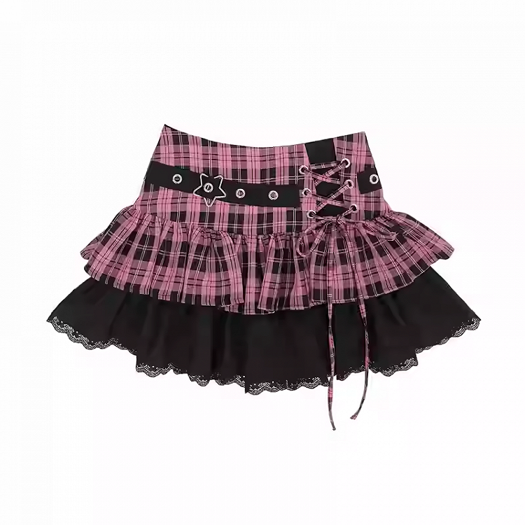 Y2K Black Pink/Black  White Plaid Star with Detail Tiered Skirt Lace-up Buckle