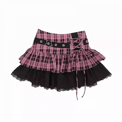Y2K Black Pink/Black  White Plaid Star with Detail Tiered Skirt Lace-up Buckle