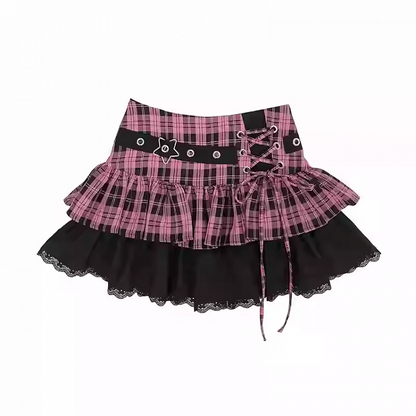 Buckle with Pink/Black  White Plaid Star Lace-up Y2K Black Tiered Skirt Detail