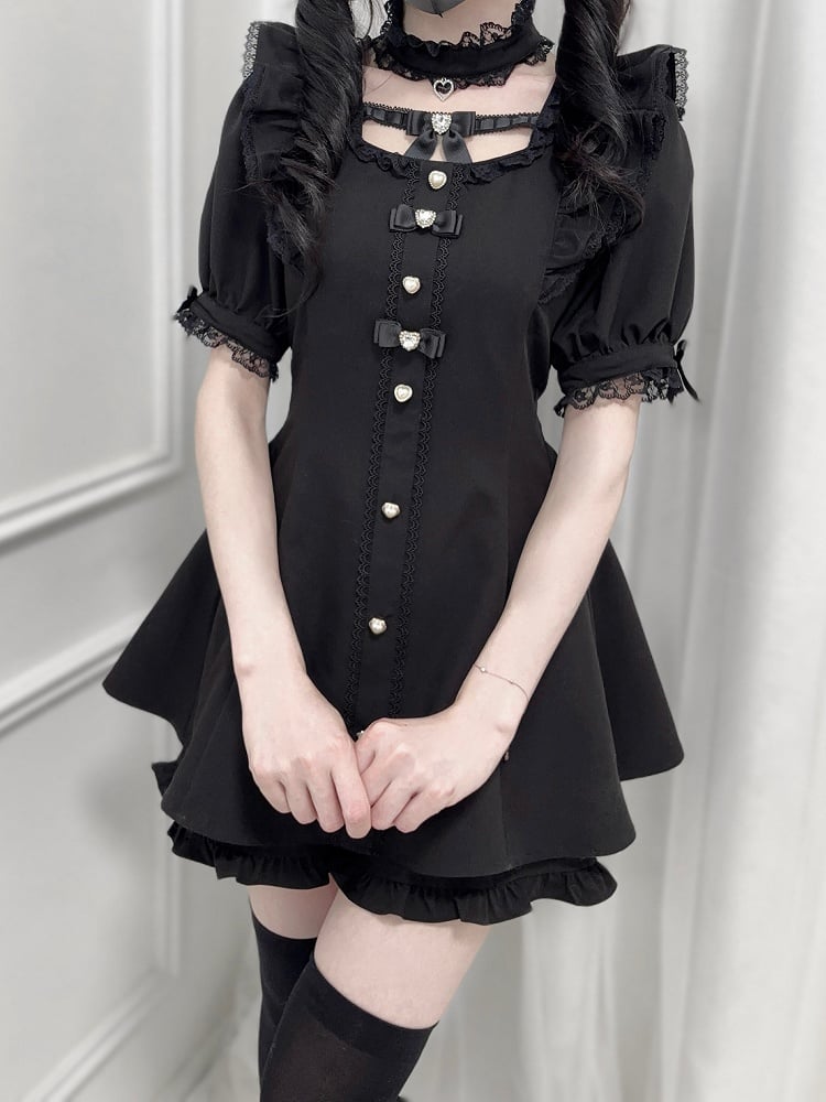 - フリル袖セルフタイボウバックミニドレス + ショートパンツ（ブラック） + ジライケイチョーカーセット