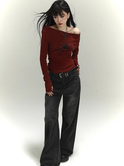 Dunkelgraue, verblasste Vintage-Jeans mit weitem Bein