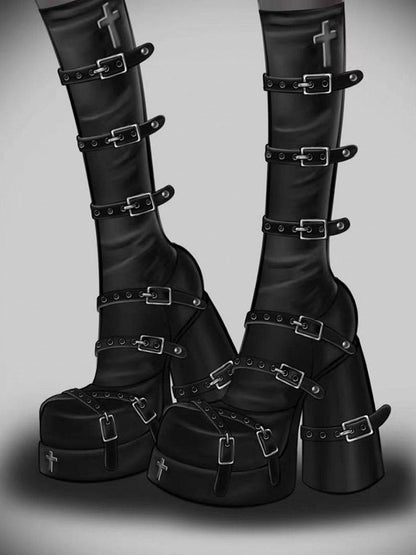 Boots Punk Buckle Zip Black Block Straps Under Inner Platform Version Heel Knee - Closure Regular High