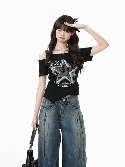 Zweiteiliges Top mit Sternstickerei Schwarz/Weiß Faux Asymmetrisch Off-Shoulder