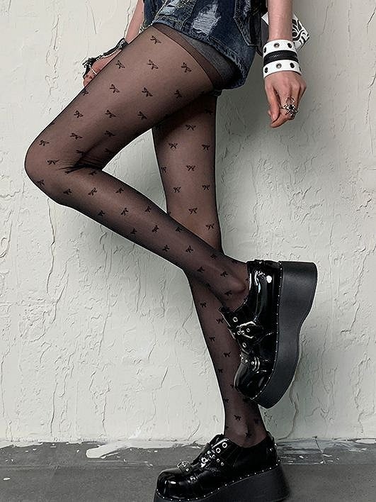 Y2K Fashion Print Gyaru Black Bowknot Tights
