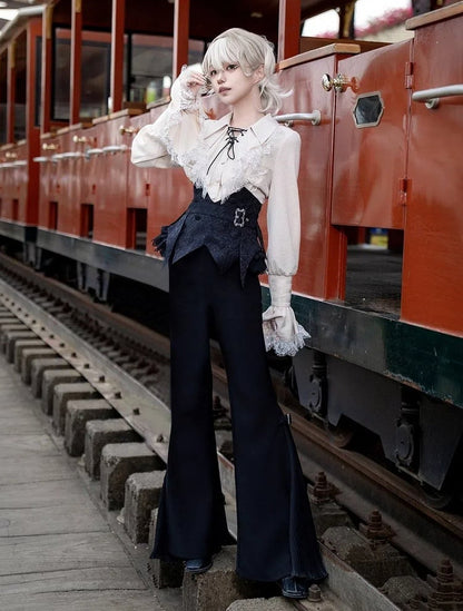 Gothic - Hosengürtel mit Riemen-Set + blaues ausgestelltes Lolita Ouji-Korsett mit schwarzer Fliege und Stäbchen