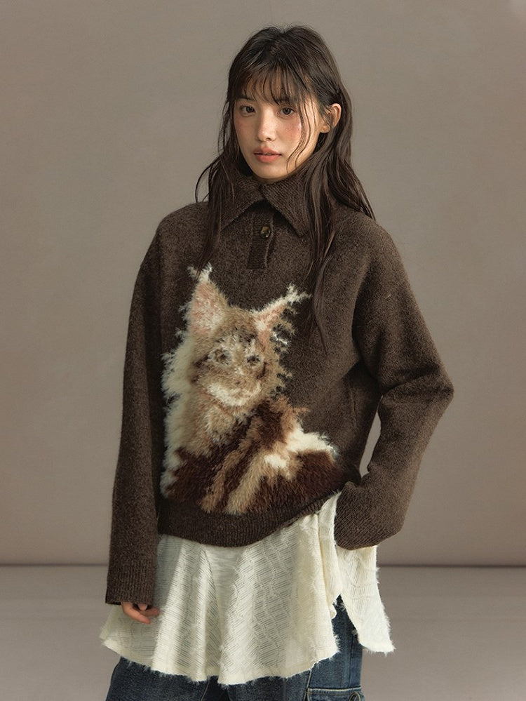 Beige/Brown Cozy Loose-Fit Pullover Sweater with Cat Design and Convertible Collar