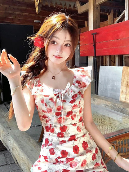 White Holiday Dress with Red Rose Print - Qchiwawameme