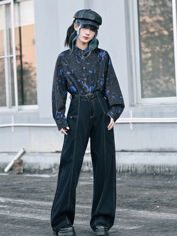 Kitty Print Black Long-Sleeve Shirt with Shell Buttons - Quirky Hut