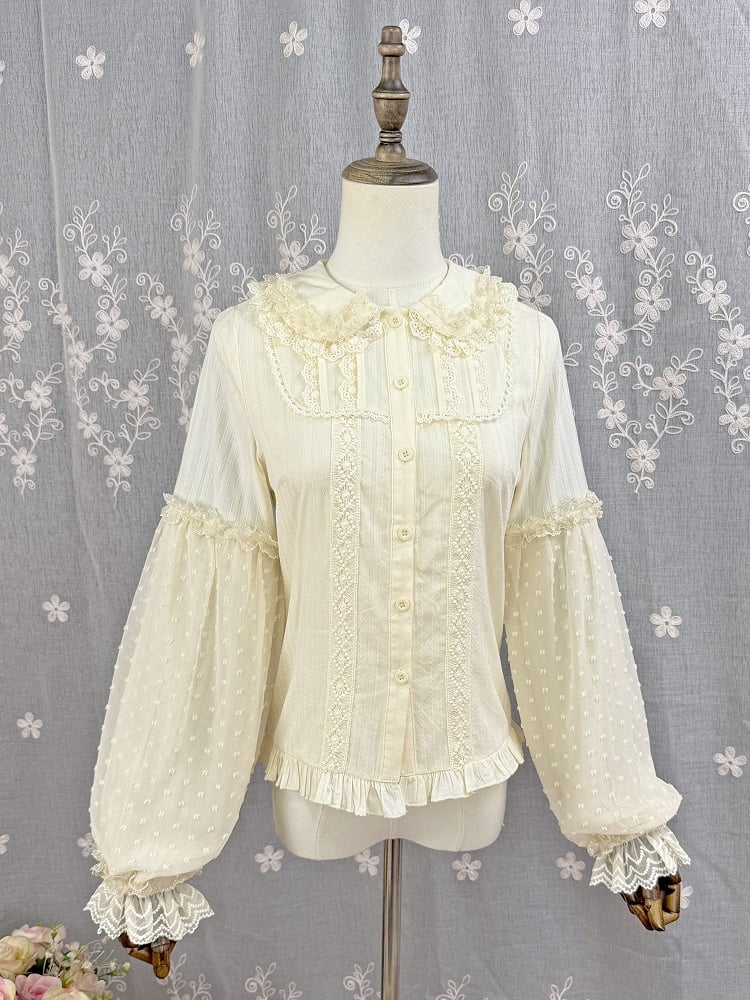 Lolita Apricot Long Jacquard Cotton Blouse Sleeves