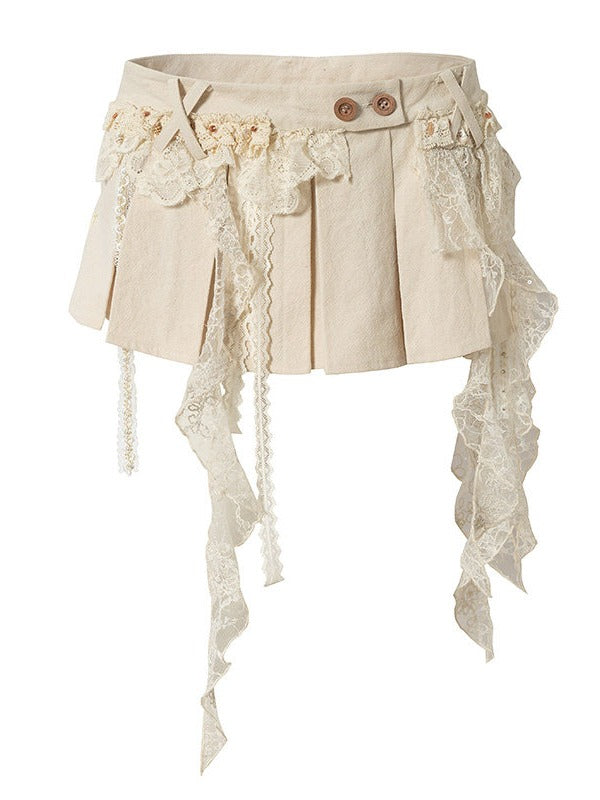 Punk Apricot Pleated Skort with Asymmetric Lace Trim - NO ROMANCE