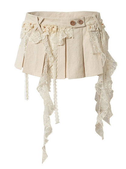 Punk Apricot Pleated Skort with Asymmetric Lace Trim - NO ROMANCE