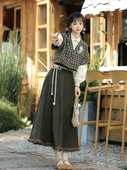 Floral Embroidered Plaid Top in Dark Green with White Blouse and Skirt Ensemble - Han Ru Chu Hanfu & Han-Element Studi