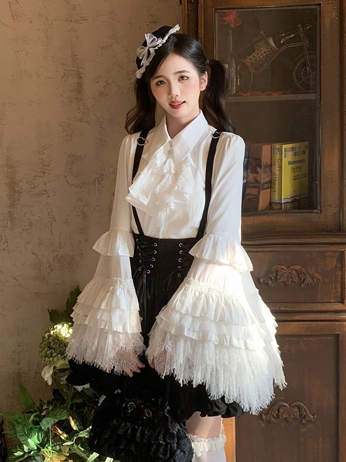 White Lolita Blouse with Layered Lace and Bell Sleeves - Lan Jian Chuan