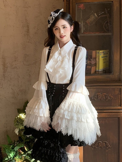 White Lolita Blouse with Layered Lace and Bell Sleeves - Lan Jian Chuan