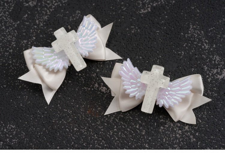 White Gothic Cross Wing Bow Hairclips