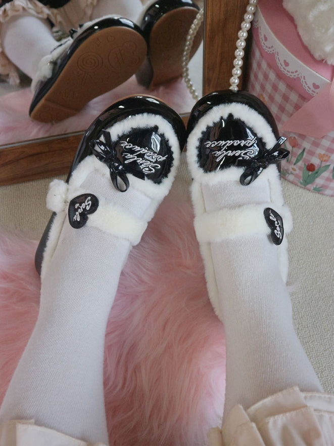 - Knotted Shoes Lolita Heart Snap PU Button Black Accents Design Bow Flat Decorated