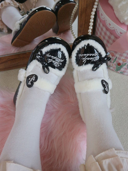 - Knotted Shoes Lolita Heart Snap PU Button Black Accents Design Bow Flat Decorated