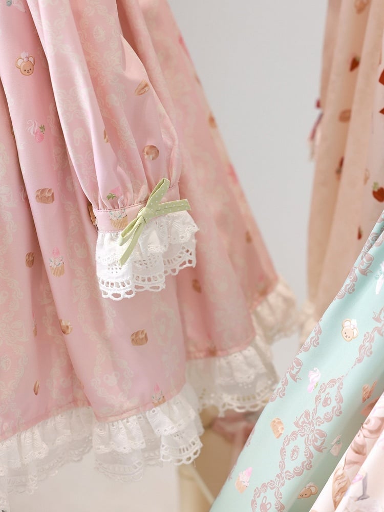 Pink Peter Pan Collar Bear & Cake Print Long-Sleeve OP Dress - Honey Village