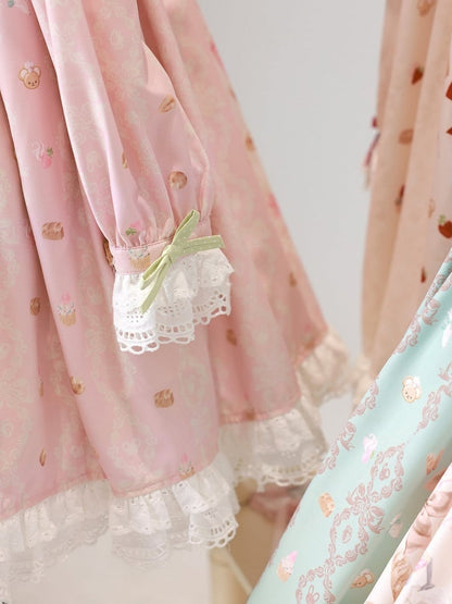 Pink Peter Pan Collar Bear & Cake Print Long-Sleeve OP Dress - Honey Village