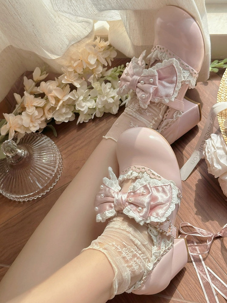 - Hem Lolita Pink Trim Lace Mid-heel Scalloped Shoes Sweet