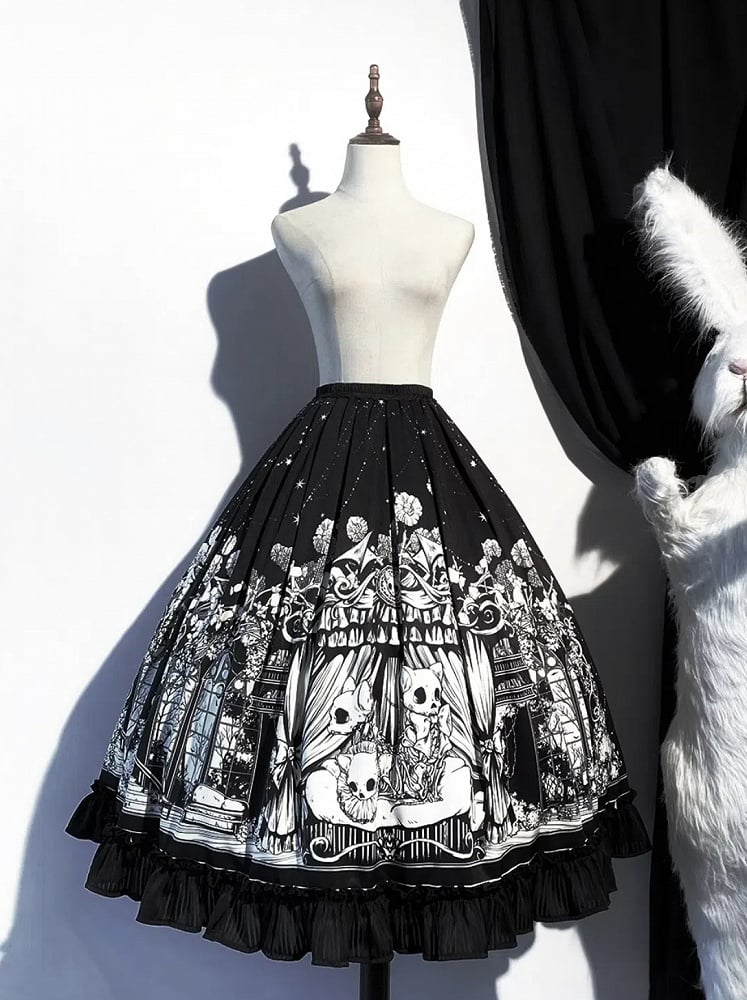 Sizes Cat Dark Plus Skeleton Black Lolita Available Skirt Print Gothic