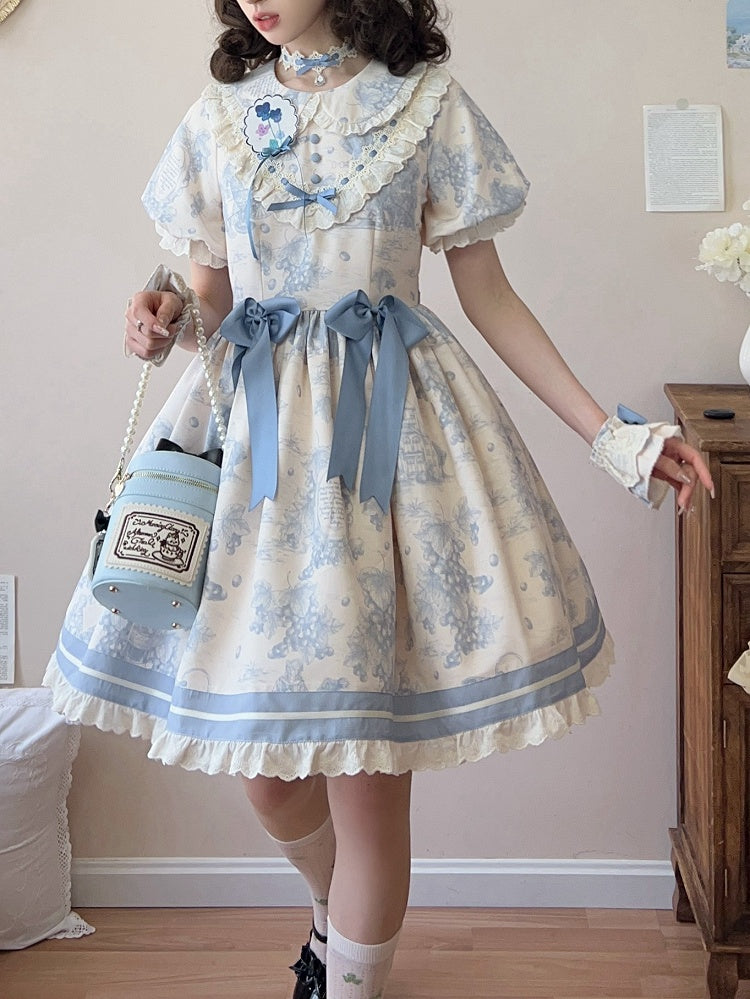 Dress Print Collar Blue Lolita Pan Short Sleeves Grapes Peter
