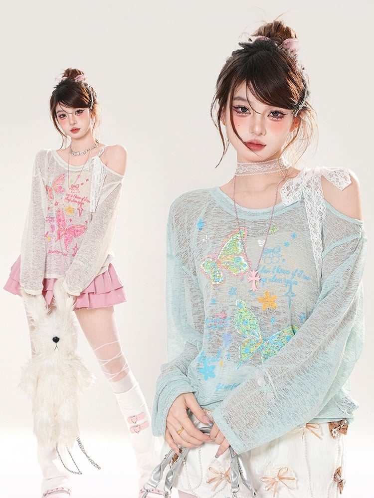 Asymmetrical Neckline Butterfly Print Apricot/Green