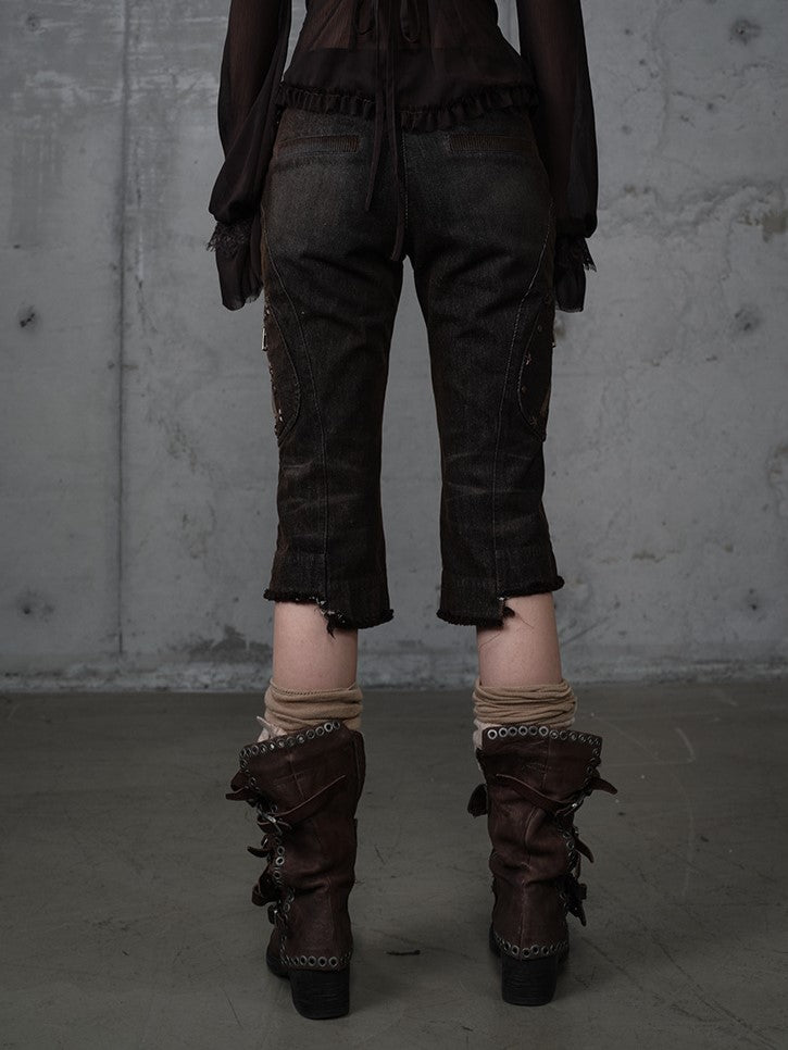 Capris Asymmetrical Denim with Punk Star Distressed Black Vintage Wasteland Pockets Studs