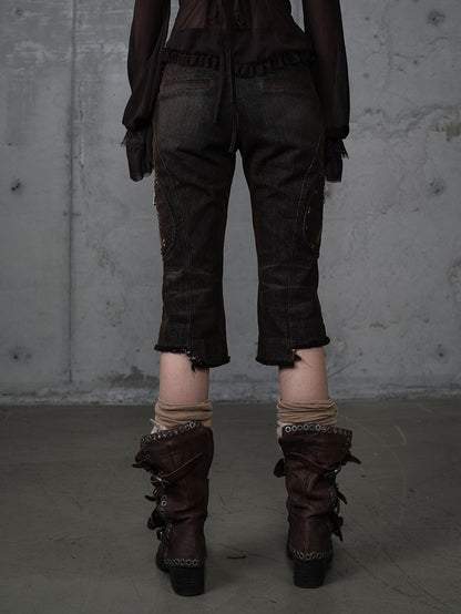 Capris Asymmetrical Denim with Punk Star Distressed Black Vintage Wasteland Pockets Studs