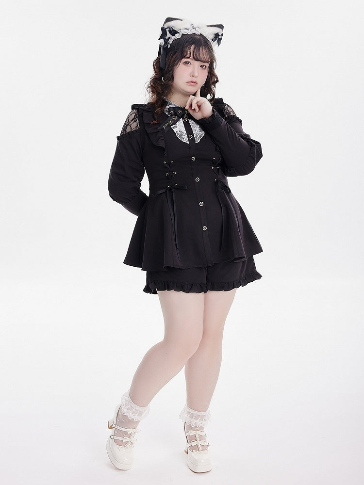 Shoulder Long Ruffle Jirai Hem Ensemble: Sleeve Black Cold Shorts Kei Top