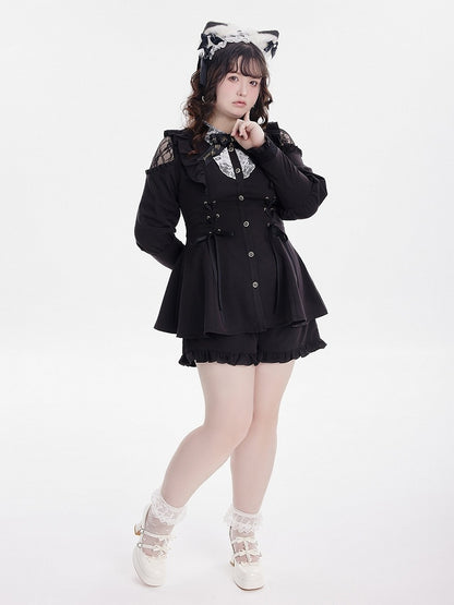 Shoulder Long Ruffle Jirai Hem Ensemble: Sleeve Black Cold Shorts Kei Top