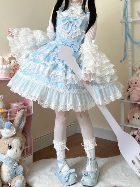 White Decorated Lace Bows Hanayome Jumper Blue Lolita Skirt Dress Trims