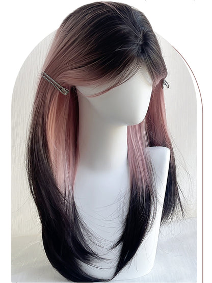 長さのある前髪のピンクウィッグヘアストレートカーテン60cmブラックオンブレカラー