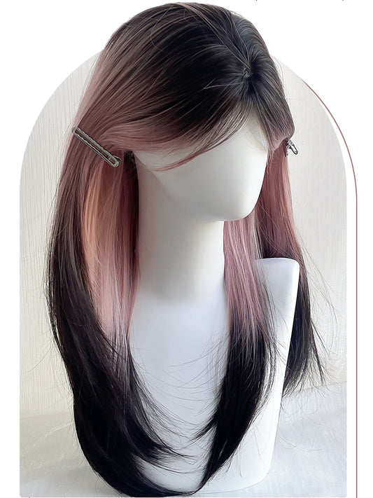 長さのある前髪のピンクウィッグヘアストレートカーテン60cmブラックオンブレカラー