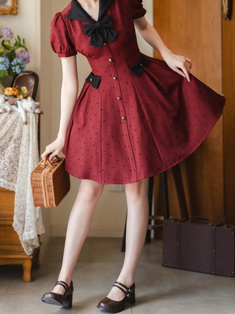 Muster Herzförmige Kleine Kleid Retro Puff Rote Ärmel Mode Schwarz